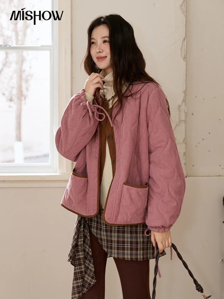 MISHOW Pink Purple Corduroy Jacket Women 2025 Winter Retro Gourd Pattern Pleated Cotton Splicing Suede Jacket Top MXE88W0882