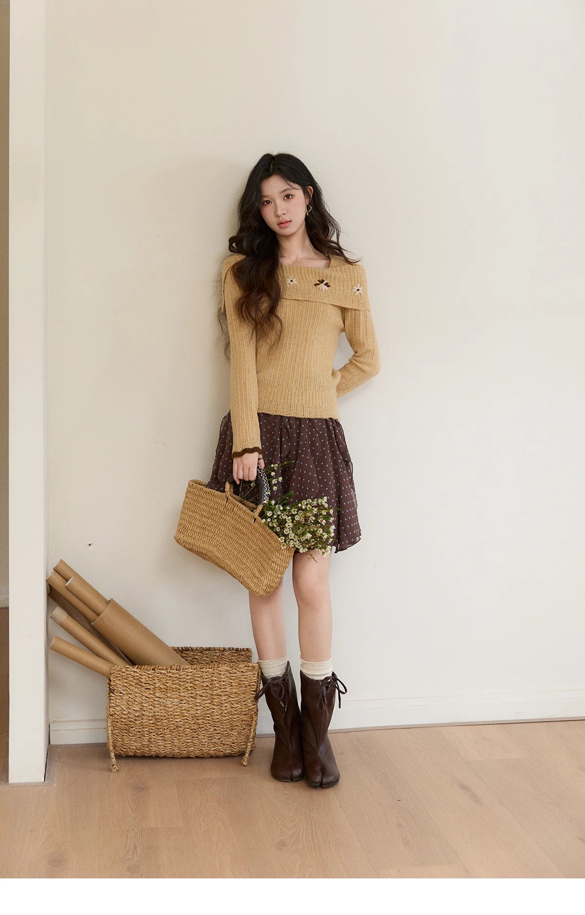 MISHOW Women's Yellow Ribbed Knit Sweater 2026 Spring One Shoulder Collar Floral Embroidery Long Sleeve Thin Sweaters MXF11Z2894