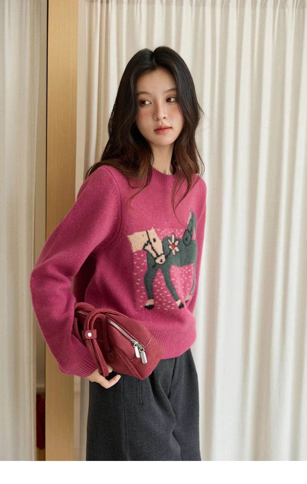 MISHOW Red Sweater Women 2025 Autumn Winter French Round Neck Pony Jacquard Loose Pullovers Long-sleeved Knitted Top MXE48Z2622