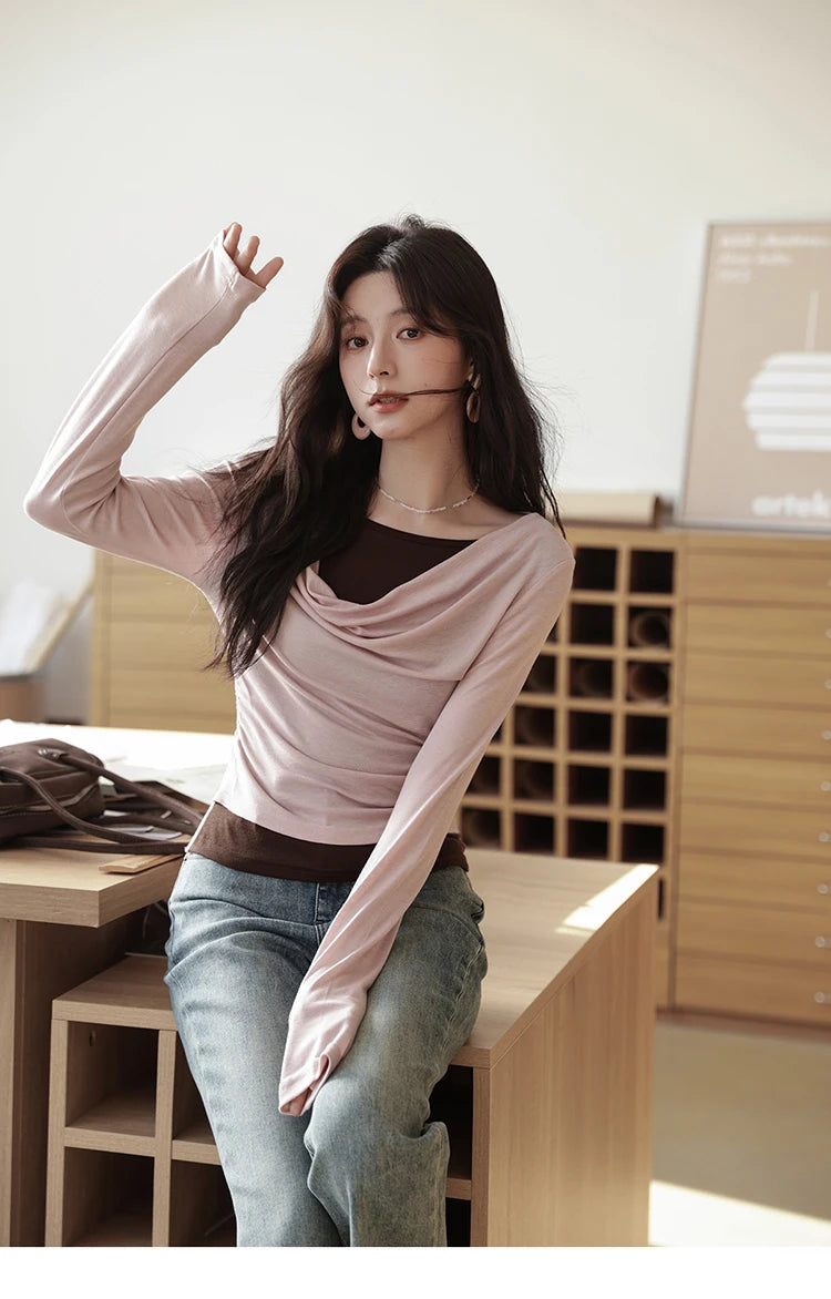 MISHOW Multi Colored Fake Two-piece Knitted Sweater 2025 Autumn Swinging Collar Casual Tops Contrasting Waist Top MXE42Z1341