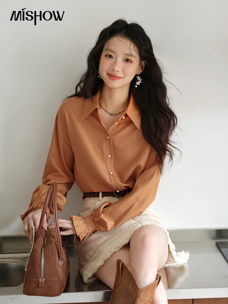 MISHOW Women's Shirts 2025 Autumn Color Blocking Buttons Pleated Cuffs Loose Top Female Solid Lapel Commuting Shirts MXE41C2352