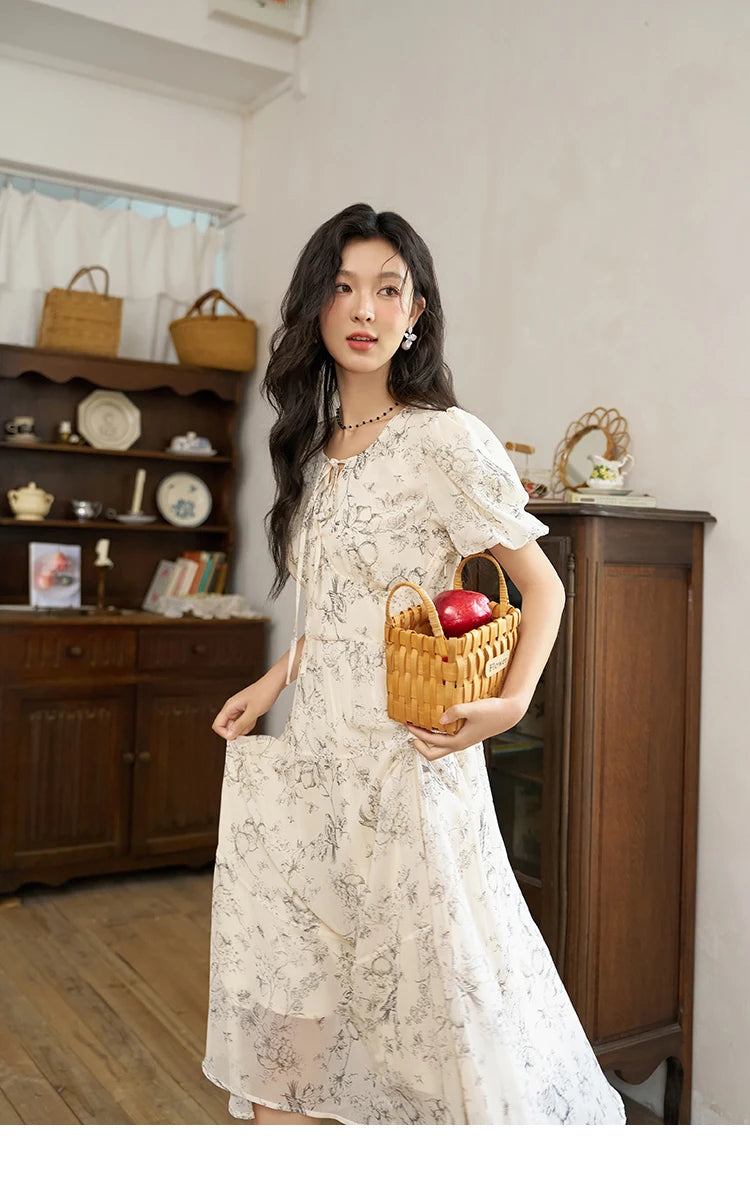 MISHOW Women's Print Chiffon Dresses 2025 Summer New Floral Short Sleeve Mid-length A-line Lace-up French Lady Dress MXD27L1841