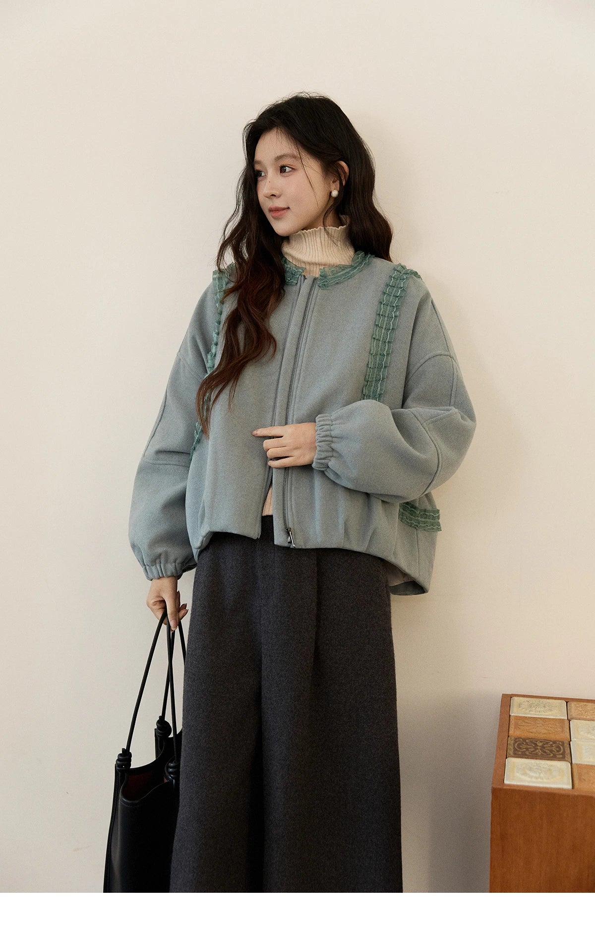 MISHOW Women's Light Blue Down Coats Winter Lace Decor Zipper Puff Sleeve Coats O Neck Loose Casual Warm Outerwear MXE94W1048