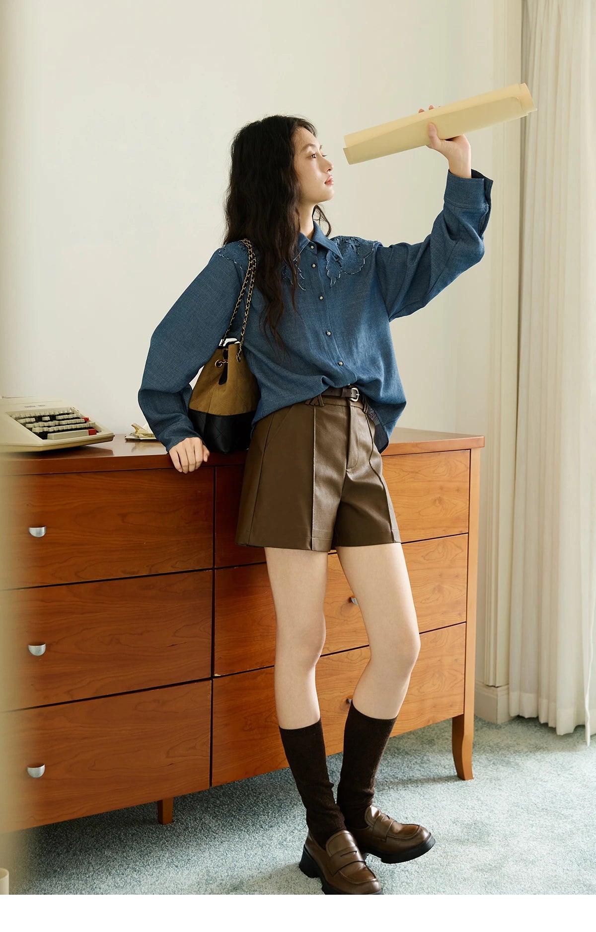 MISHOW Women's Blue Shirt Autumn 2025 Hollowed Out Patchwork Embroidery Tops Imitation Denim Fabric Loose Retro Shirt MXE46C2410