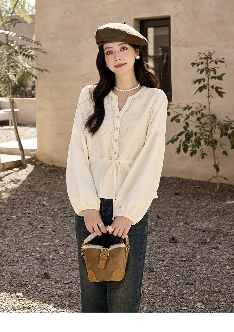 MISHOW Women's French V-neck Blouse Lace Lantern Sleeve Long-sleeved Blouses 2024 Fall Tie Drawstring Waist Slim Tops MXD45X1660