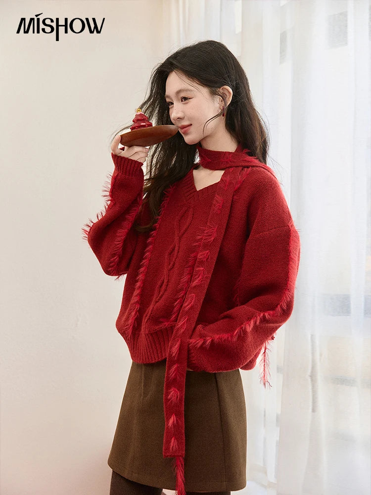 MISHOW Christmas Knitted Sweater Women 2025 Winter Burgundy V-neck Loose Tops Mink Fur Tassel with Scarf Tie Sweaters MXE93Z2809