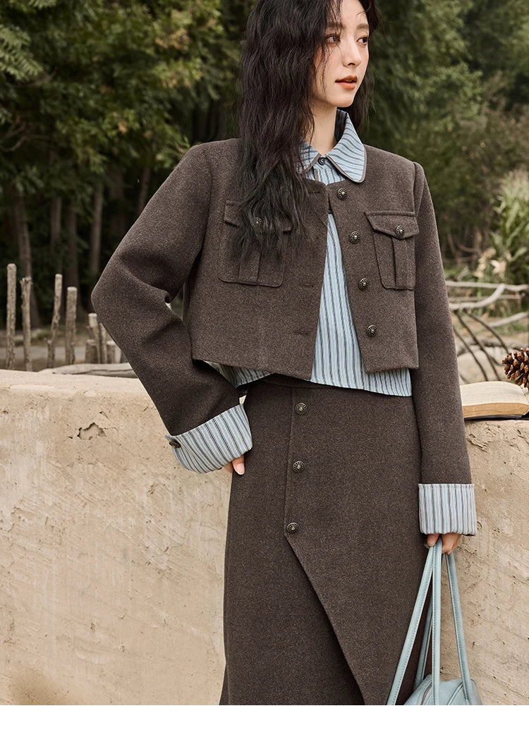 MISHOW Plaid Tweed Skirt Long-sleeved Jacket Long Skirt Separately Winter 2024 Korean O Neck Coat Front Slit Skirt MXD43W0445