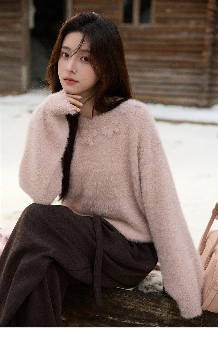 MISHOW Long Sleeve Sweaters 2025 Winter Elegant Loose Handmade Crochet Bowknot Sweater Women's Casual Knitted Top MXE87Z2679