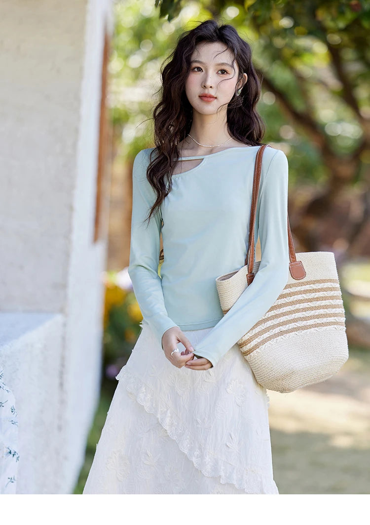 MISHOW Women's Knitted Long Sleeved T-shirt 2025 Spring Outfit Irregular Hollow Neck Tees Slim Solid Color Casual Top MXE13Z1116