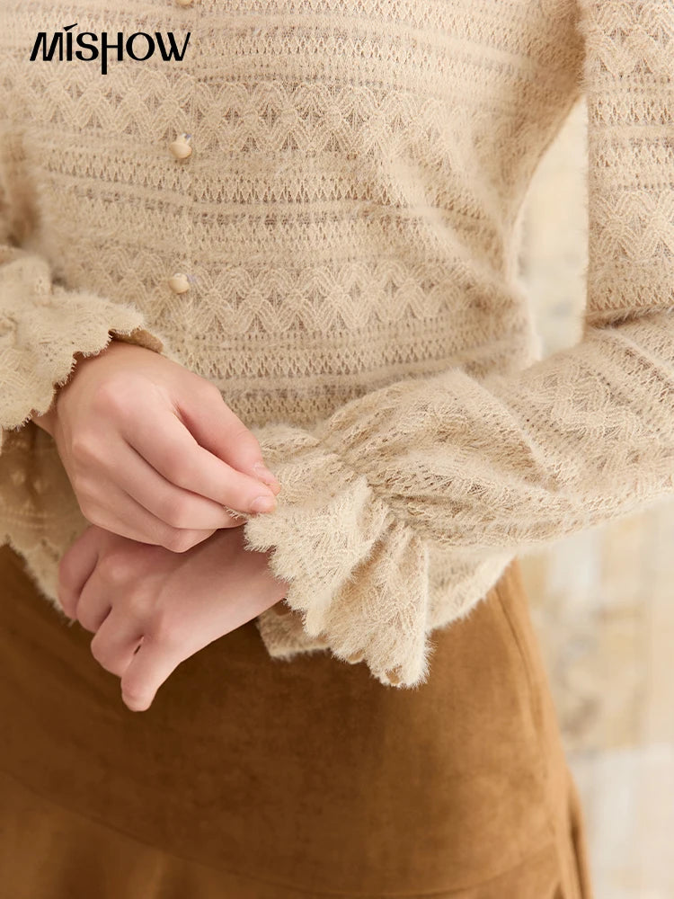 MISHOW Women's Casual Shirt 2025 Autumn Design Sense Elegant Lace Shirt New Half-high Collar Waist Slit Slim Tops MXE48X2501