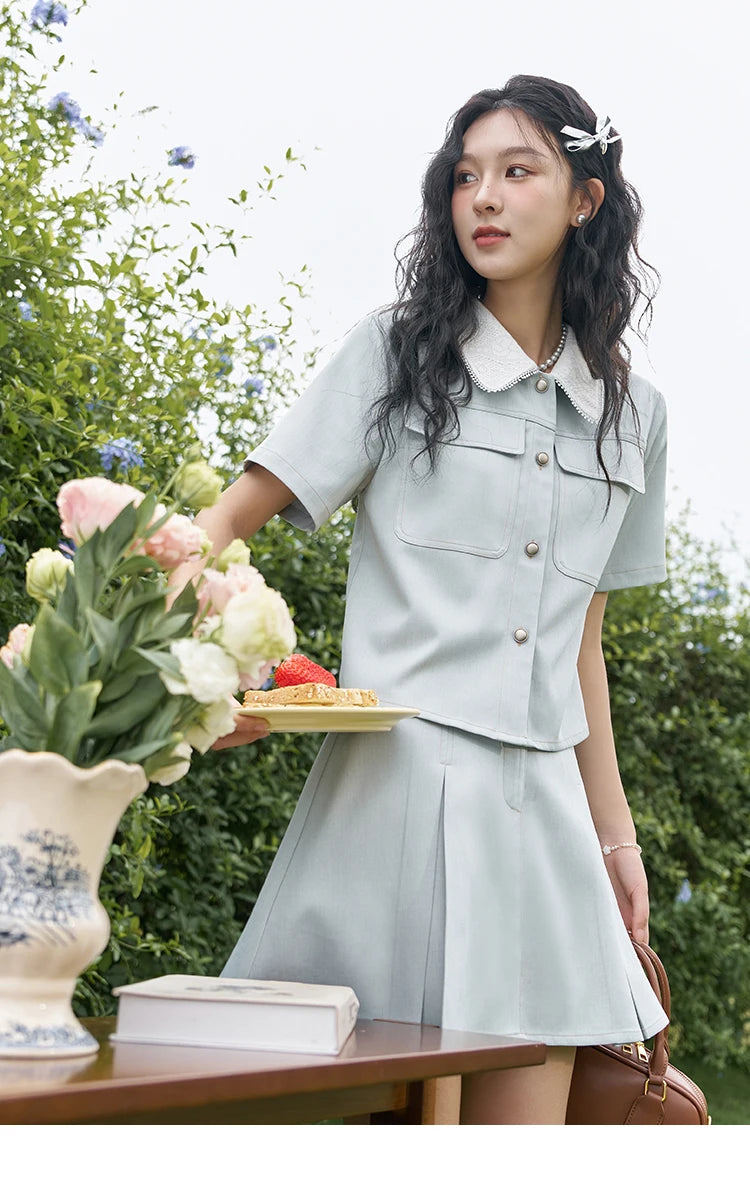 MISHOW French Fragrance Top Pleated Skirt Separately 2024 Lapel Neck Single Breasted Shirt High Waist A-line Skirts MXD24C0201