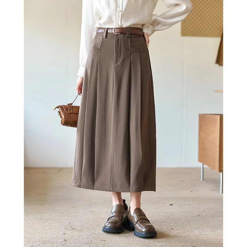 MISHOW Women's Midi Skirt 2023 Autumn Academy Pleated Commuter A-LINE Pockets Solid Split Back Hem Mid-Calf Skirts MXC42B0118