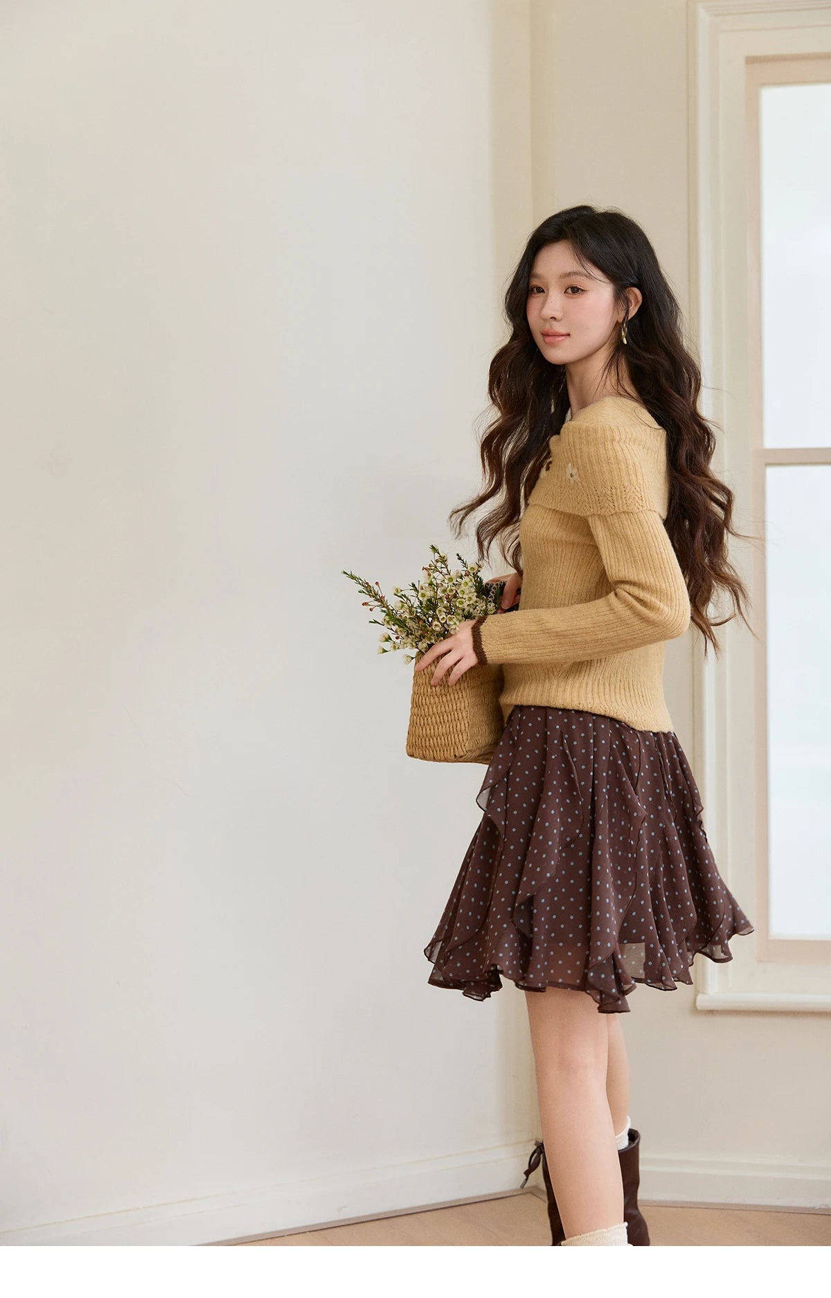 MISHOW Women's Yellow Ribbed Knit Sweater 2026 Spring One Shoulder Collar Floral Embroidery Long Sleeve Thin Sweaters MXF11Z2894