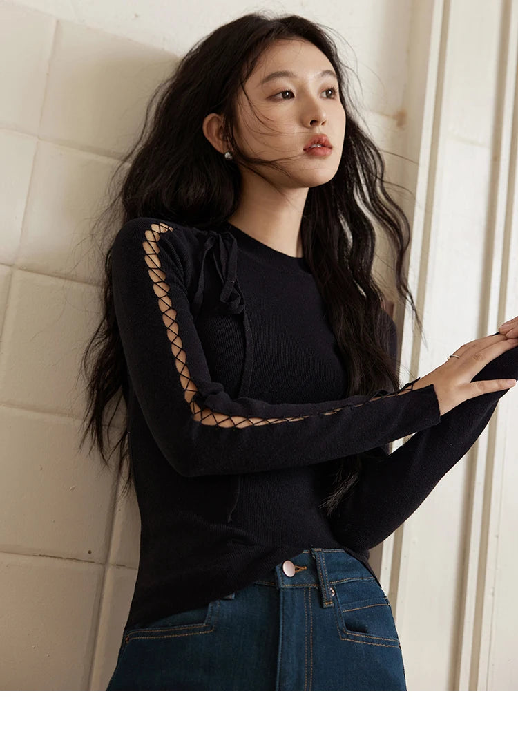 MISHOW Bottom Knit Sweater Women Fashion Hollow Tie Design Bottoming Shirt 2024 Fall New Warm Long-sleeved Slim Tops MXD45Z0766