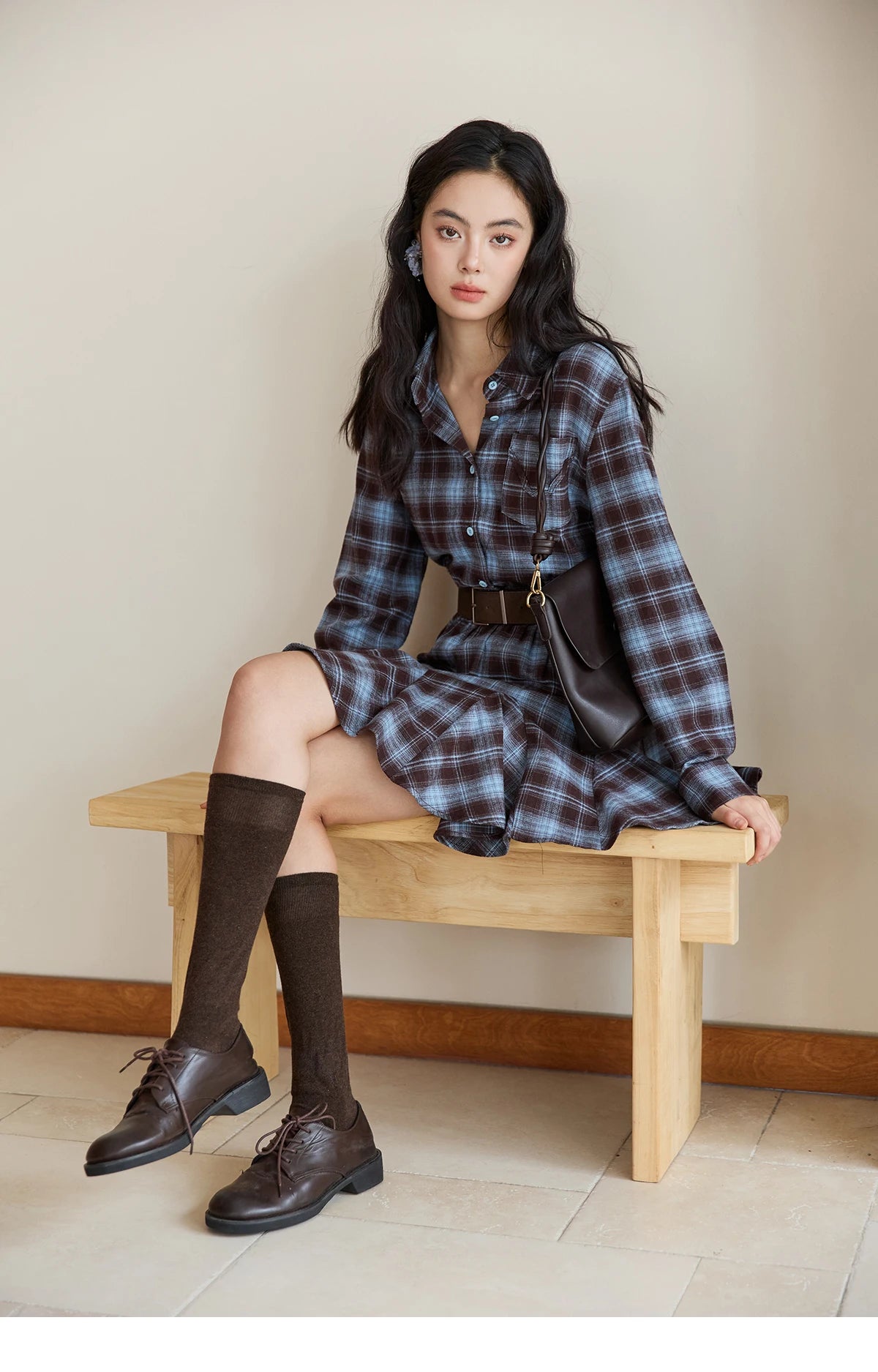 MISHOW Women's Blue Plaid Short Dress 2025 Autumn Retro Turn-down Collar Waist-Cinched Long Sleeve Dress with Belt MXE48L2525