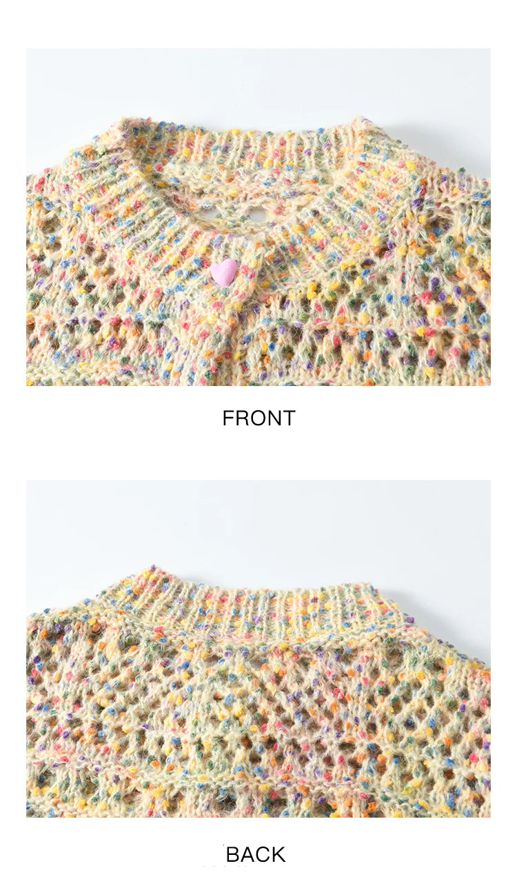 MISHOW Women's Sweet Woven Hollow Knitted Cardigan 2025 Spring Rainbow Button Single Breasted Top O-neck Cardigan MXE13Z1110