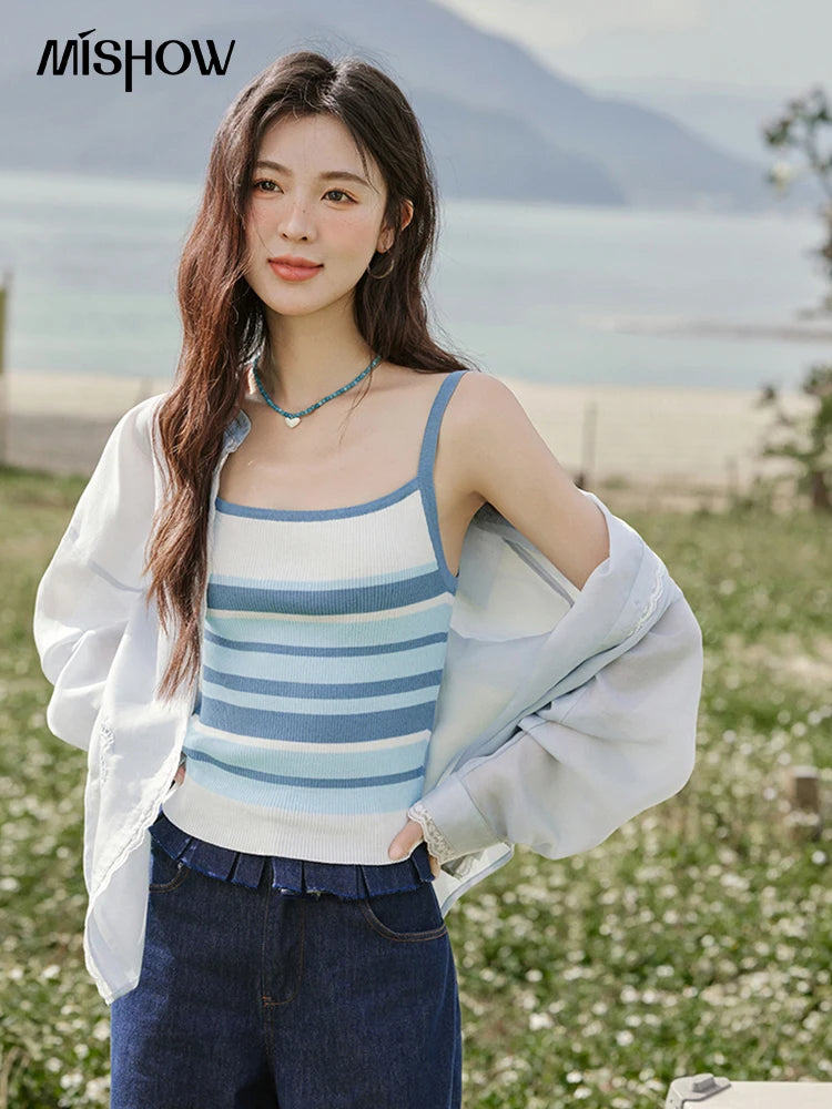 MISHOW Blue Striped Camisole Summer Women New 2025 Square Collar Loose Office Lady Tops Female Fashion Design Sense MXE31Z1221