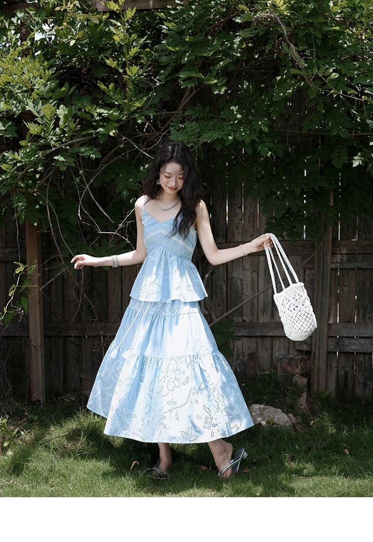 MISHOW Woman 2 Pieces Set 2025 Summer Ladies Fashion Strap V-neck Top Embroidery Flower Hollow Out Drawstring Skirt MXE34T0624