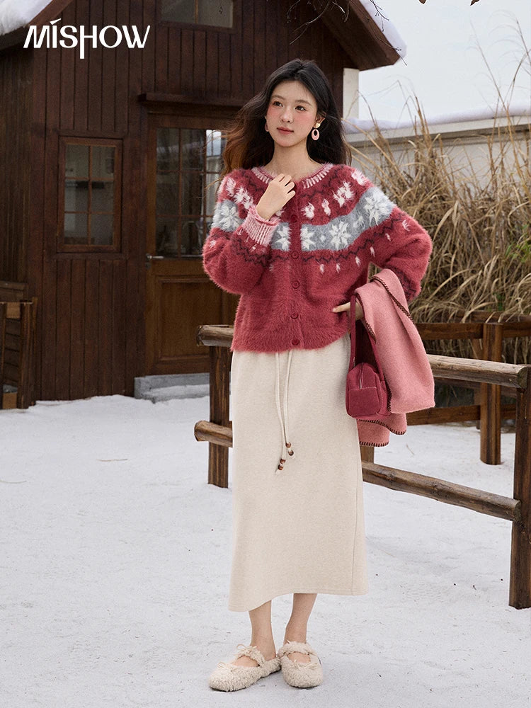 MISHOW Christmas Retro Red Imitation Mink Fur Soft Cardigan 2025 Winter Snowflake Jacquard Sweater Round Neck Tops MXE91Z2801