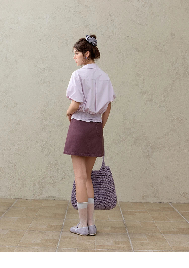 MISHWO Office Lady Solid Blouses Women Summer New 2025 Short Sleeve Turn-down Collar Purple Cotton Shirts Female Thin MXE32X1794