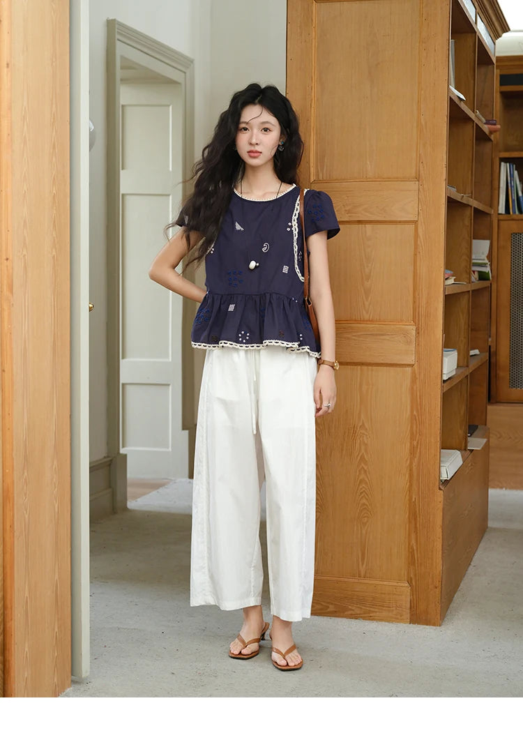 MISHOW Women's O-Neck Spliced Lace Blouse 2025 Summer New Fashion Embroidery Flower Casual Loose Top Ladies Clothing MXE39X1965