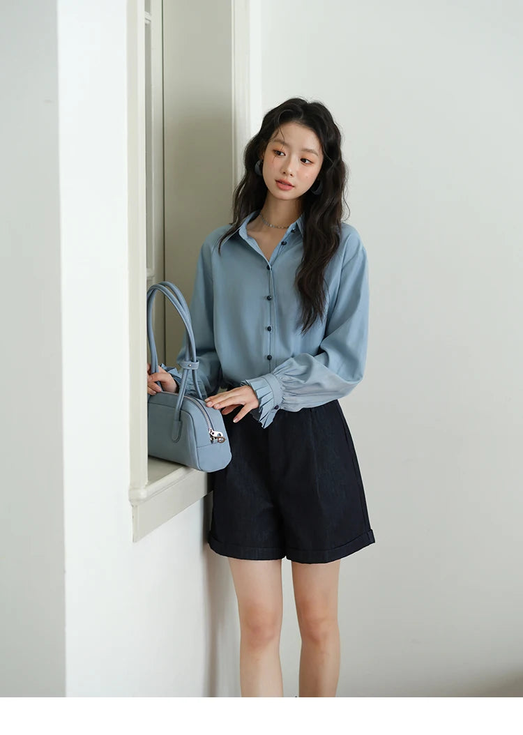 MISHOW Women's Shirts 2025 Autumn Color Blocking Buttons Pleated Cuffs Loose Top Female Solid Lapel Commuting Shirts MXE41C2352