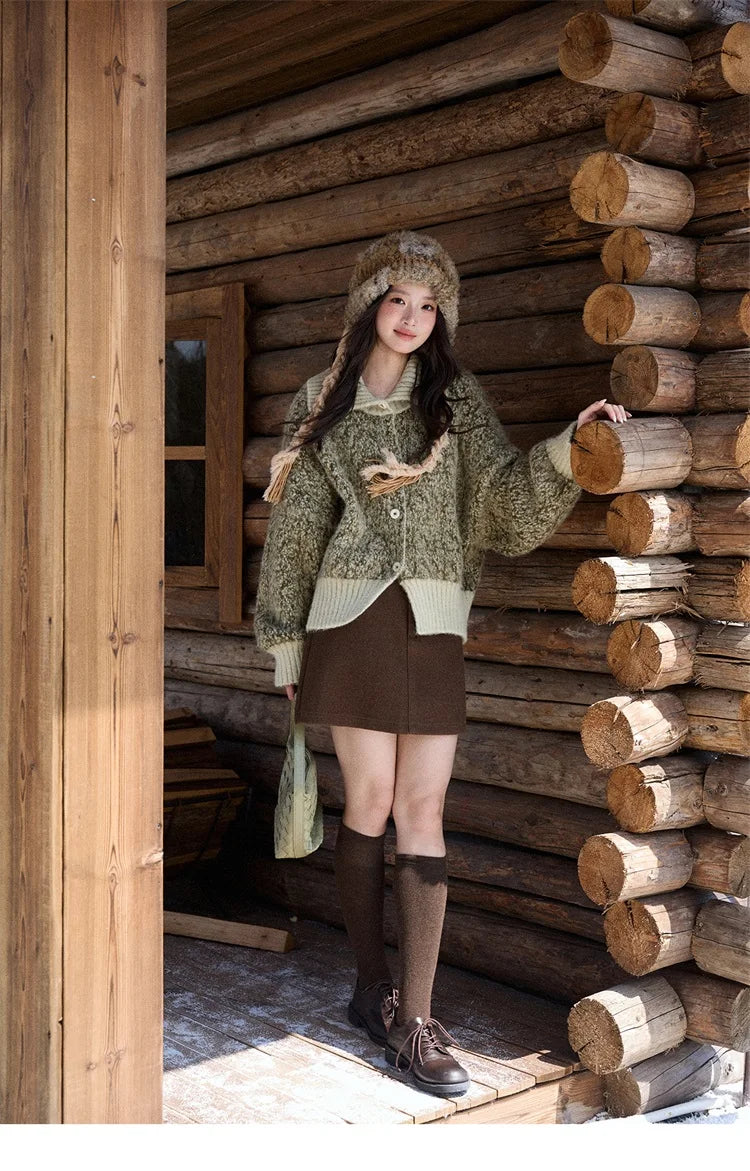 MISHOW Women's Green Retro Mottled Sweater Winter 2025 Casual Stand-up Collar Batwing Sleeves Knitted Cardigan tops MXE90Z2787