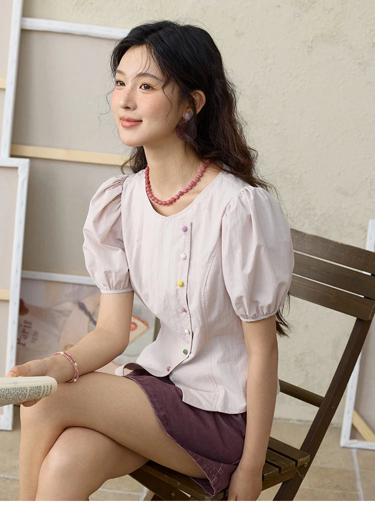 MISHOW Bubble Sleeves Blouses for Women Summer 2025 Irregular Placket Tops Rainbow Button Solid Blouse Office Lady MXE34X1782