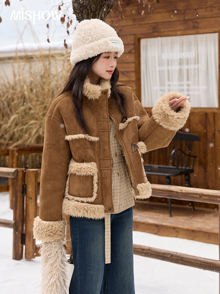 MISHOW Khaki Suede Jacket for Women 2025 Winter New Retro Stand Collar Zippered Jacket Pockets Long Sleeves Top MXE88W0886