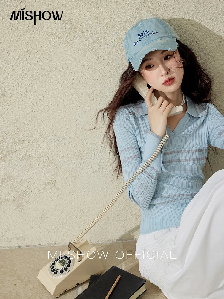 MISHOW Striped Knitted Tops for Women Spring 2025 Contrast Color Striped Slim V-neck Trumpet Sleeves Commuter Outfit MXE13Z1141