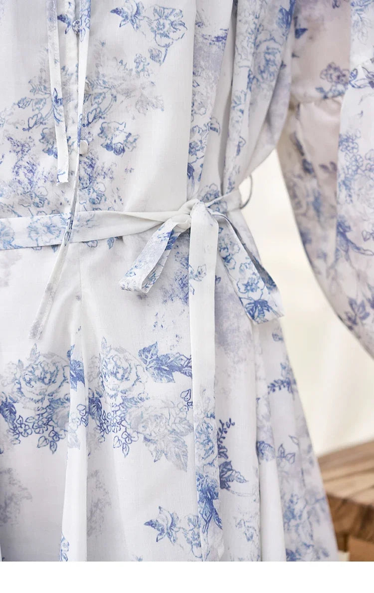 MISHOW Fairy Temperament Floral Puff Sleeved Chiffon Dress Spring Summer 2025 Lace-up O Neck Waist Knee-Length Dress MXD14L1681