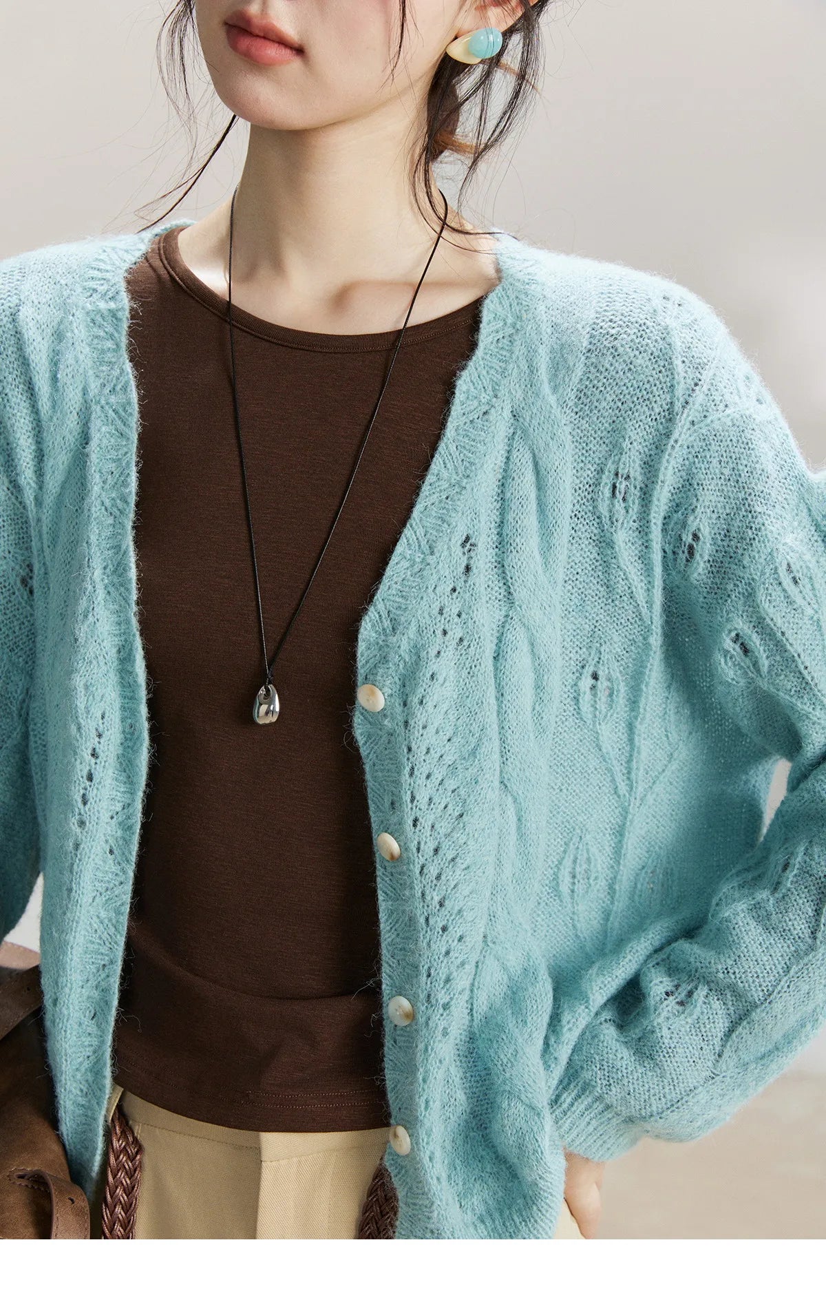 MISHOW Women's Blue Hollow Out Knit Cardigan 2026 Spring V Neck Wool Blend Tops Single Breasted Casual Thin Sweater MXF13Z2975