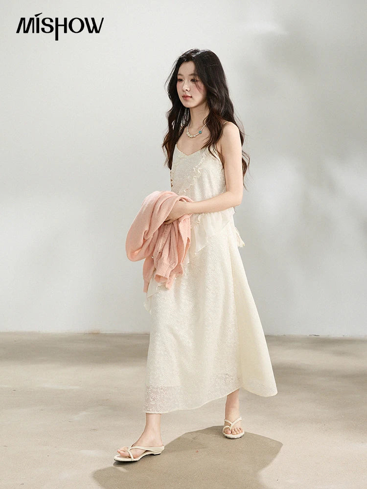 MISHOW Women's Cream Irregular Lace Slip Dress 2026 Spring V-Neck Ruffled Maxi Dresses Casual A-line Romantic Dress MXF108L1005