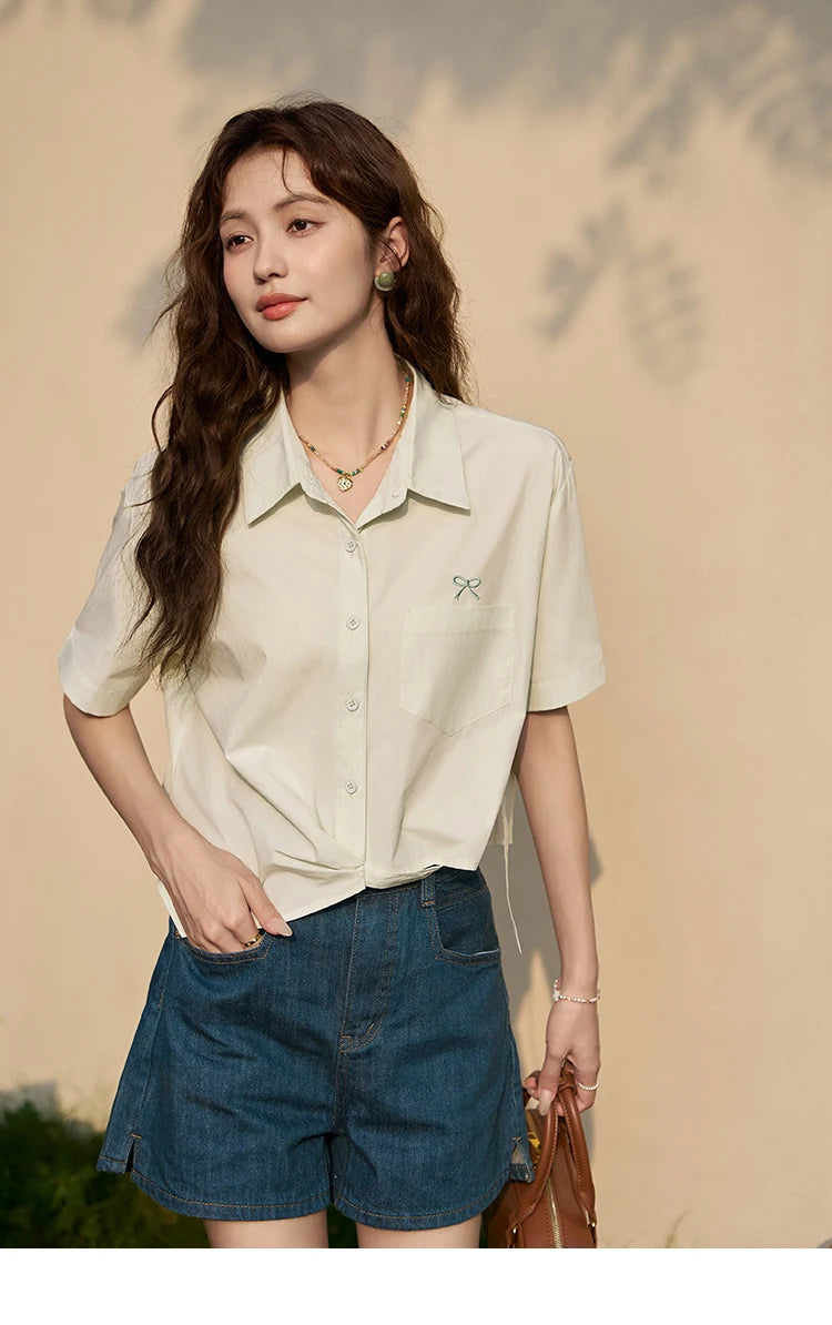 MISHOW Same Color Bow Embroidered Shirt Summer 2024 Lapel Collar Asymmetric Hem 100 Cotton Casual Short Sleeved Top MXD23C0257