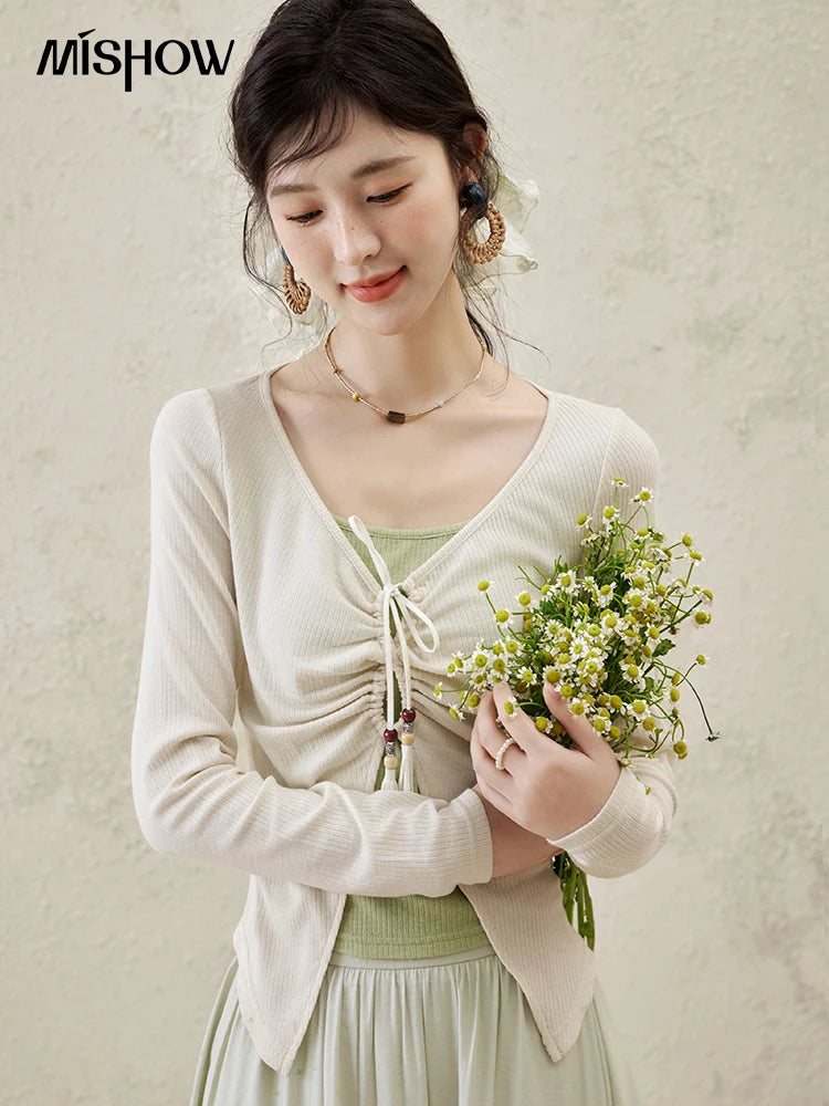 MISHOW Women's Fake Two Patchwork Knitted Spring 2025 Contrast Drawstring Strap Lace-up Tops Retro V-neck Thin Top MXE15Z1185