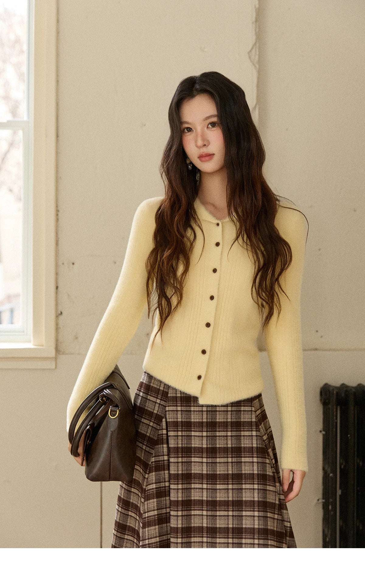 MISHOW Woman Yellow Cardigan 2025 Winter Imitation Mink Fur Knitted Cardigan Turn-down Collar Long Sleeves Soft Top MXE89Z2671