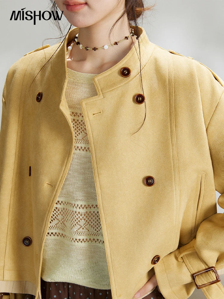 MISHOW Women's Yellow Double-Breasted Trench Stand Collar Coat Adjustable Cuffs Splicing Striped Hem Casual Outerwear MXF11W1026