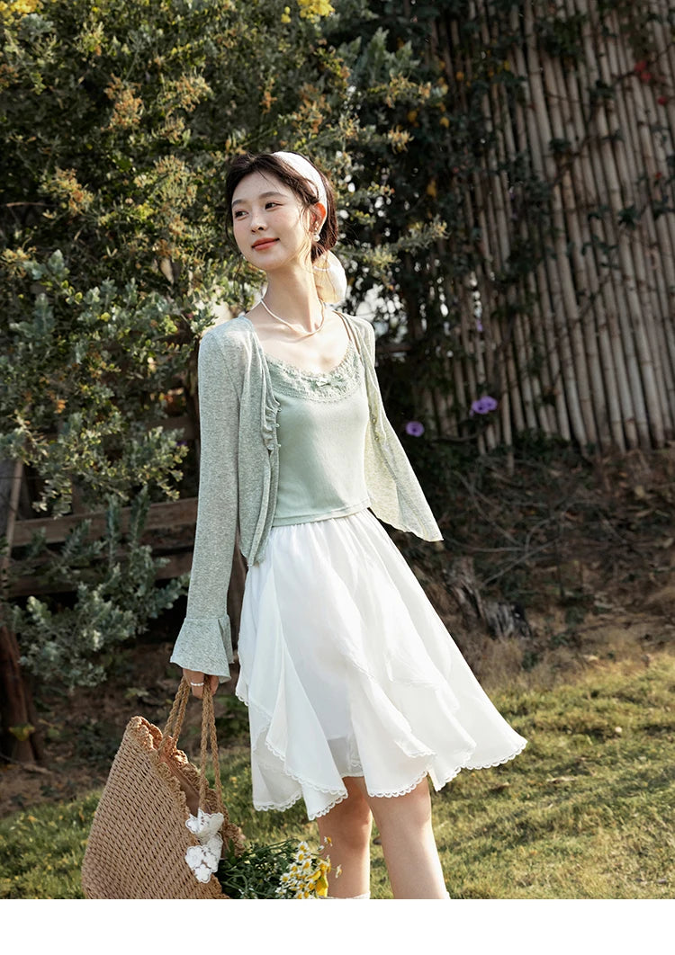 MISHOW Light Green Camisole Knit Cardigan Two-piece Set Spring Summer 2025 Lace Bow Camisole V-neck Cardigan Sets MXE15T0504