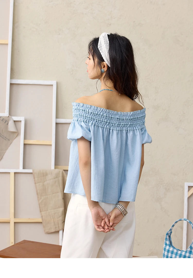 MISHOW Mist Blue One Shoulder Blouse Summer 2025 Elastic Pleated Flower Bud Sleeves Doll Blouses Cotton Blend Top MXE34X1796