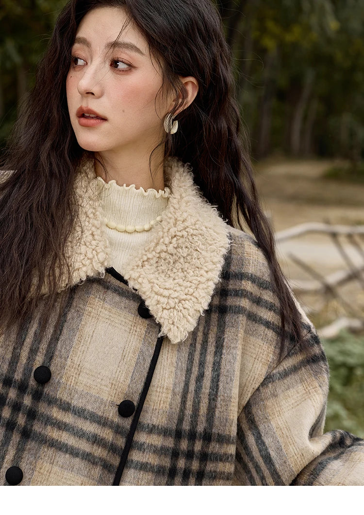 MISHOW Retro Plaid Tweed Jacket Women Double-breasted Long Sleeved 2024 Winter New Fashion Lamb Wool Lapel Loose Coat MXD56W0536