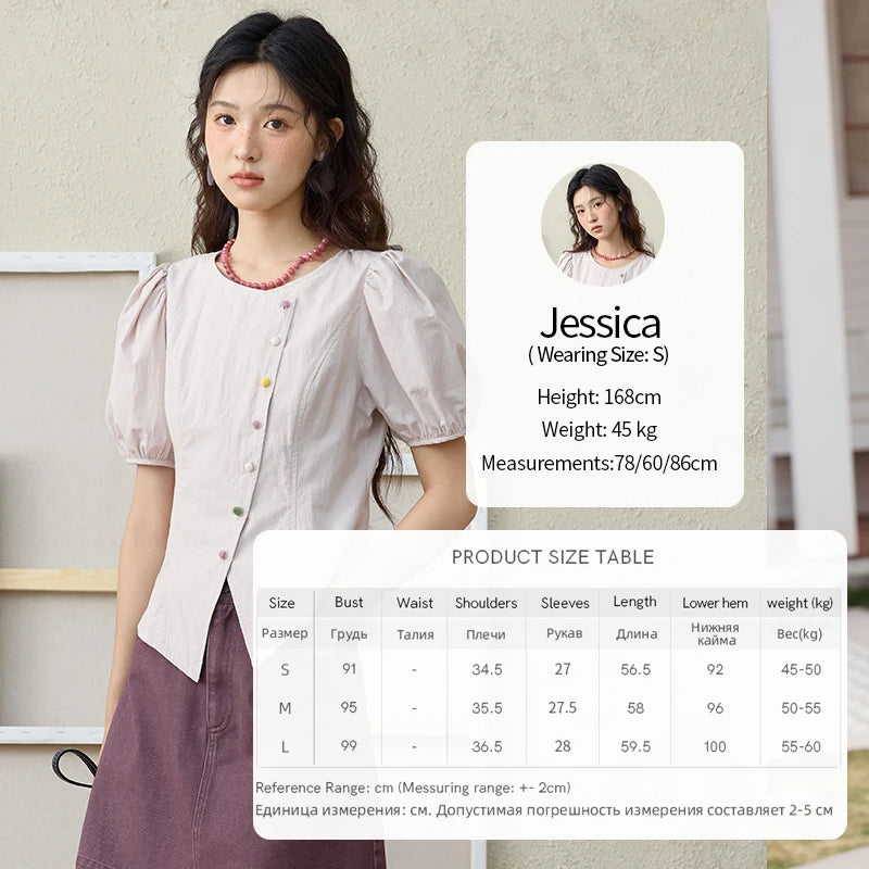 MISHOW Bubble Sleeves Blouses for Women Summer 2025 Irregular Placket Tops Rainbow Button Solid Blouse Office Lady MXE34X1782