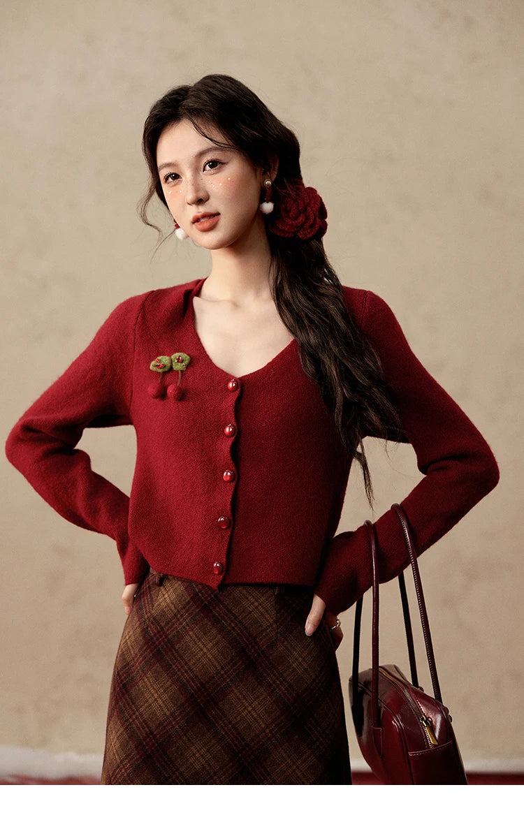 MISHOW Red Knitted Short Cardigan Women Autumn Winter New Cherry Ornaments Sweet Slim Fit V-neck Long Sleeve Tops MXD112Z1006