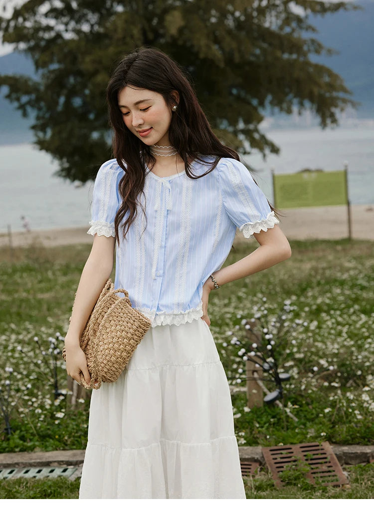 MISHOW French Striped Summer Blouses Women 2025 New Short Puff Sleeve Round Neck Lace Patchwork Shirts Fashion Tops MXE32X1759