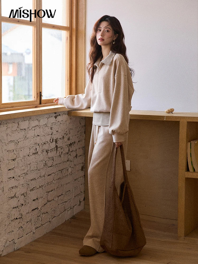 MISHOW Woman Pants Set 2025 Winter Casual Retro Sweatshirt Set Striped Lapel Half-Zip Sweatshirt Wide Leg Pants MXE87T1425