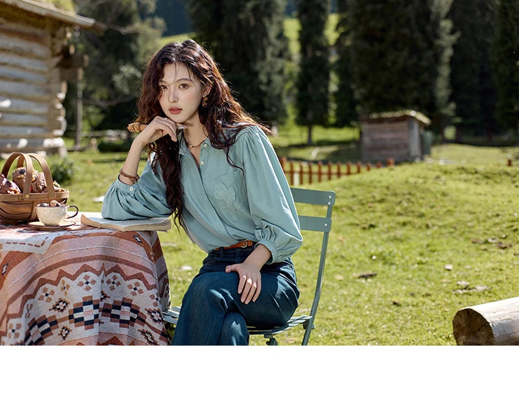 MISHOW Hong Kong Retro Solid Long Sleeve Shirt 2024 Autumn Temperament Loose Tops Lantern Sleeve Embroidery Shirts MXD41C0287