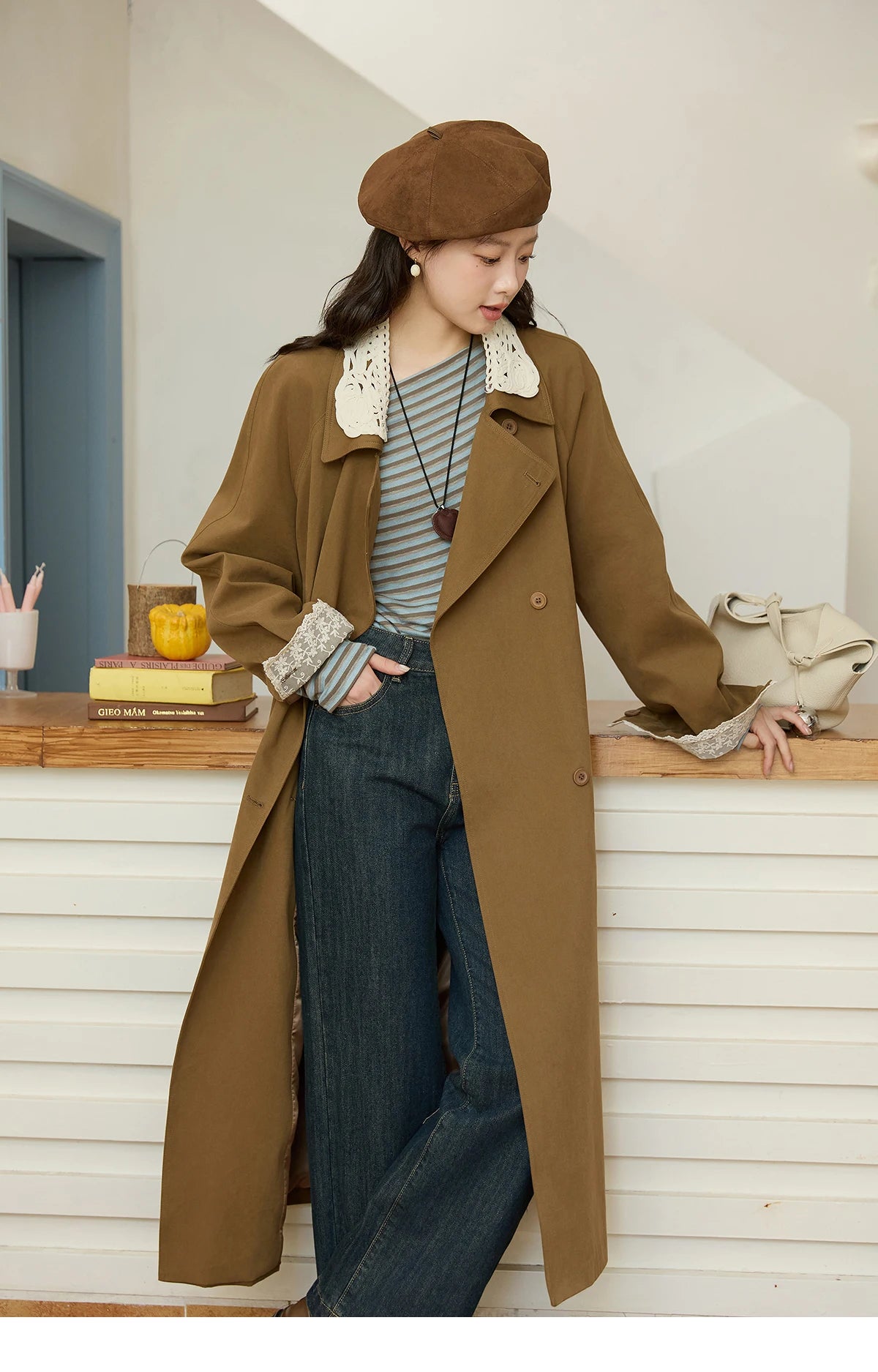 MISHOW Trench Coat Women 2025 Autumn Fashion Light Khaki Lace Long Windbreaker Jacket Long-sleeved Coat with Belt MXE45W0830