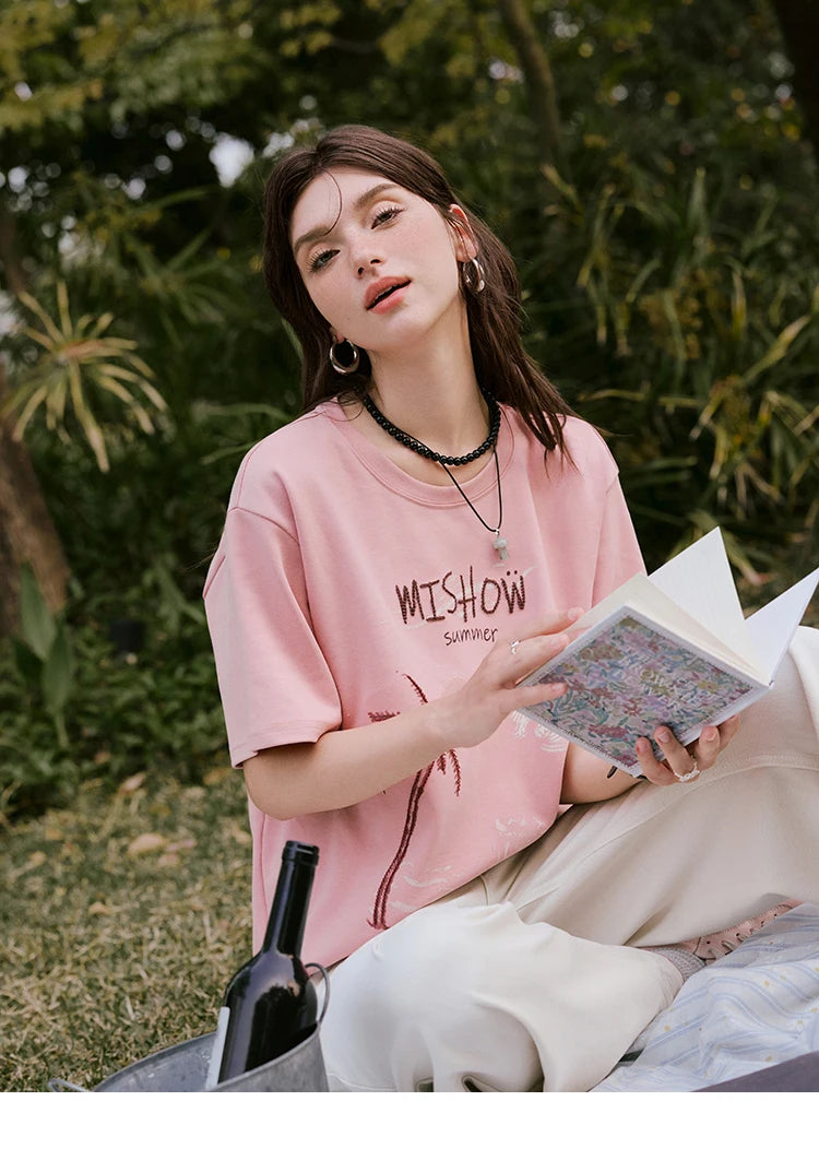 MISHOW Casual Print T-shirts Women 2025 Summer New Short Sleeve Round Neck Coconut Tree Pattern Shirt Woman Holiday MXE31T0516