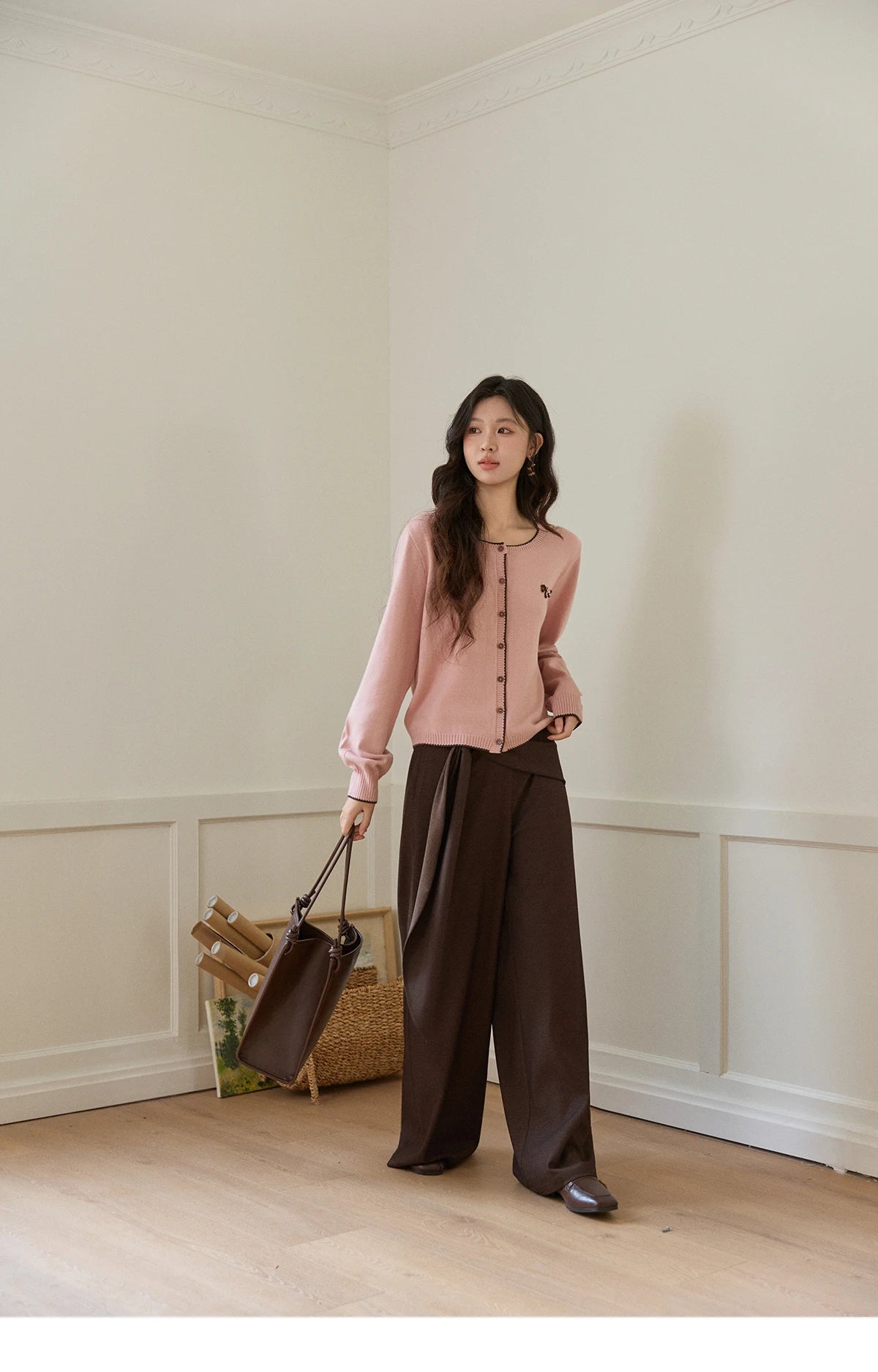 MISHOW Contrast Trim Crew Neck Knit Cardigan 2026 Spring Single Breasted Casual Pink Sweater with Pony Decoration MXF108Z1023