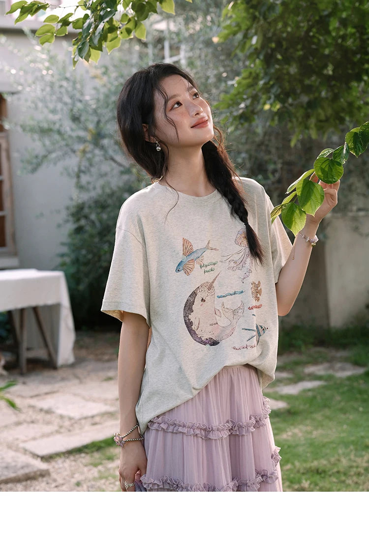 MISHOW Fashion Print T-shirts for women 2025 Summer New O-Neck Loose Casual Short Sleeve Cotton Top Female Clothing MXE36T0575