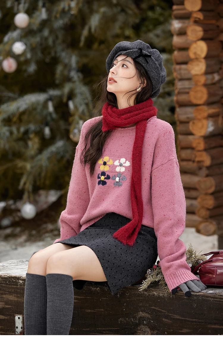 MISHOW Wool Blend Yarn Knitted Sweater Flower Color Dots Design 2024 Winter Women O-Neck Pullovers Lazy Sweaters MXD56Z1066